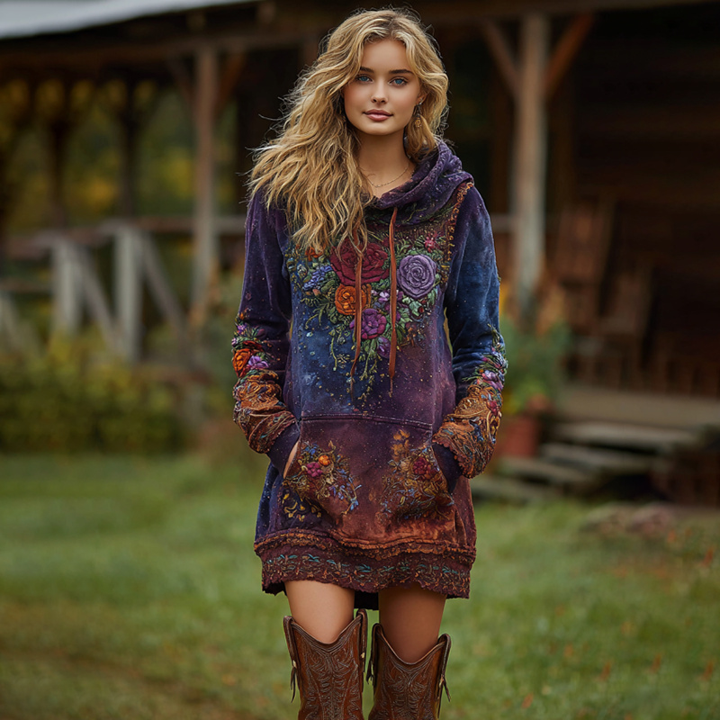 Women's Vintage Lavender And Floral Embroidered Art Gradient Comfort Hooded Dress