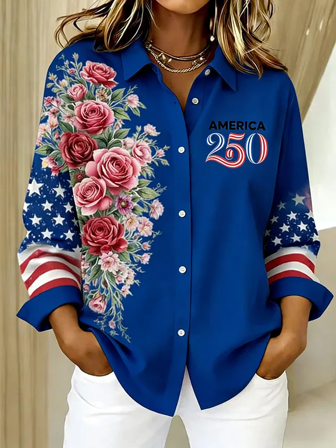 Ladies' Casual 250Th Anniversary Celebration Lapel Button Up Shirt