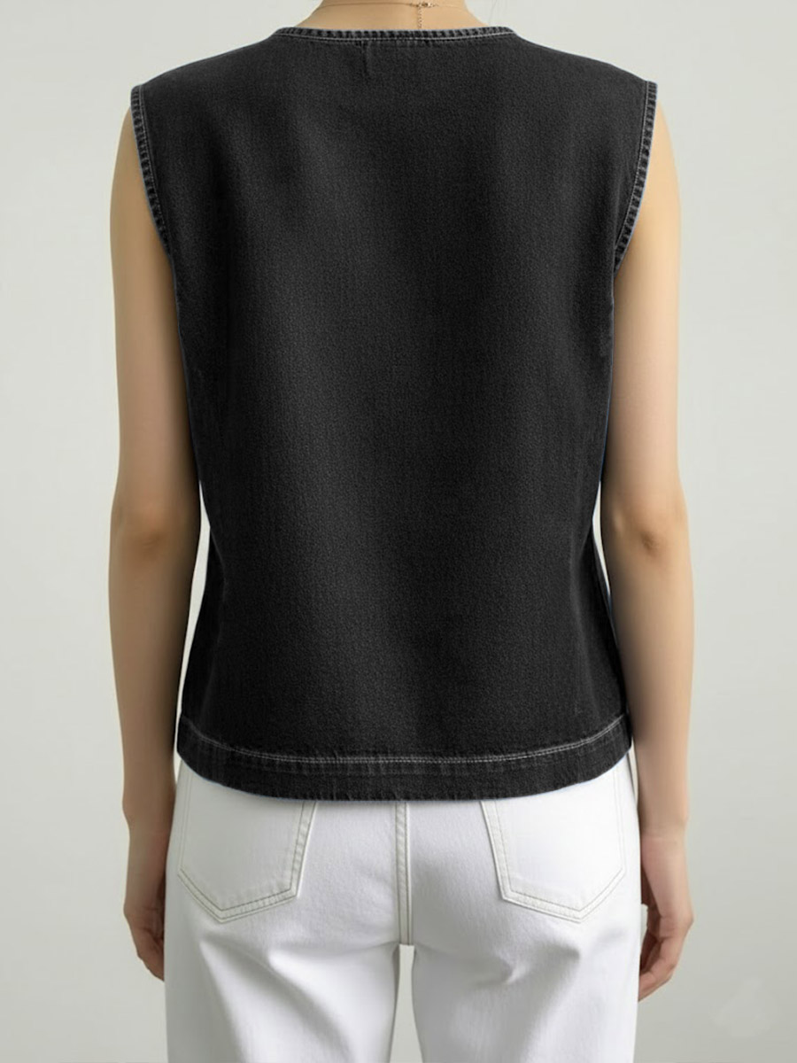 Women's Round Neck Sleeveless Loose-fitting Casual Denim Top
