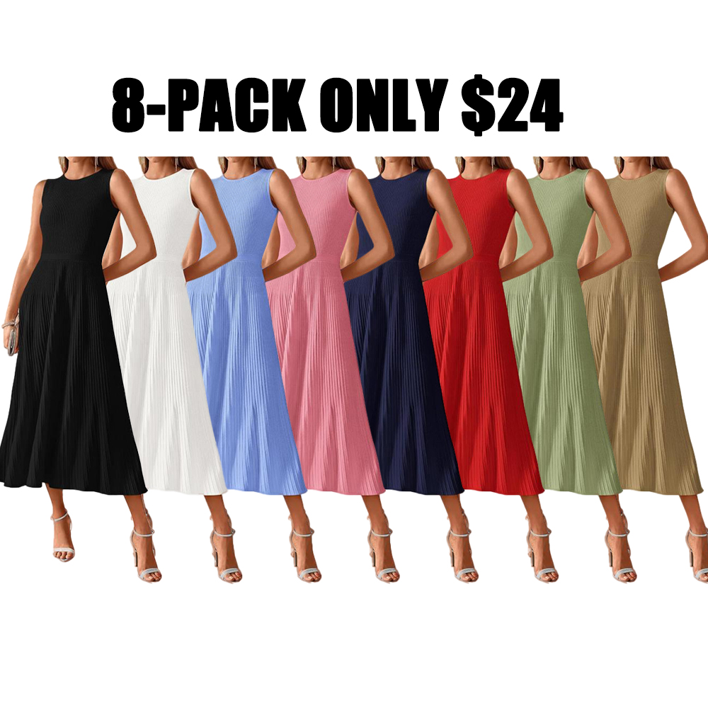 Women's Midi Bodycon Tank Dress Summer Crewneck Rib Knit Sleeveless Pleated Swing A Line Business Casual Dresses