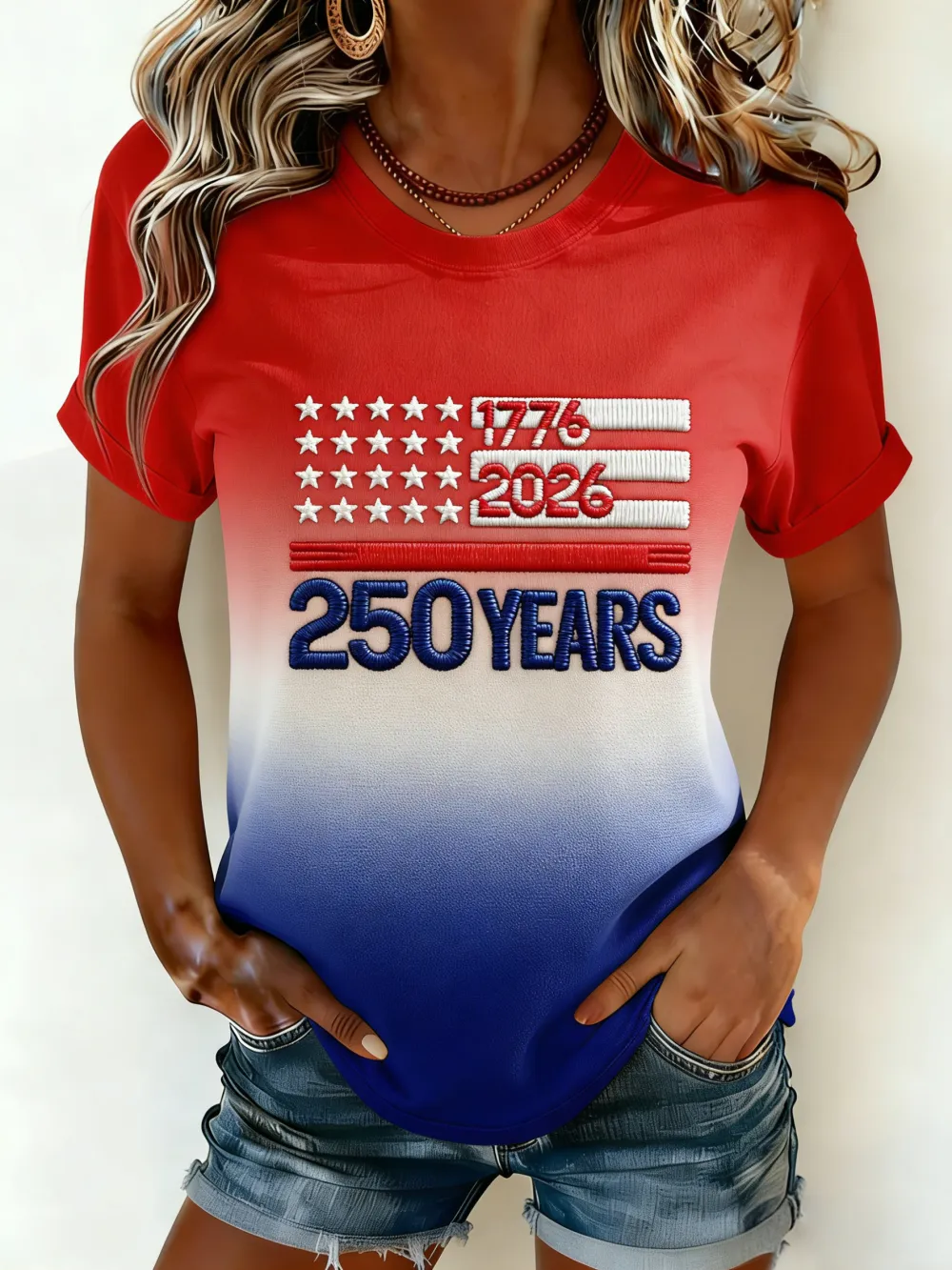 Patriotic USA Flag Embroidered Gradient Tee