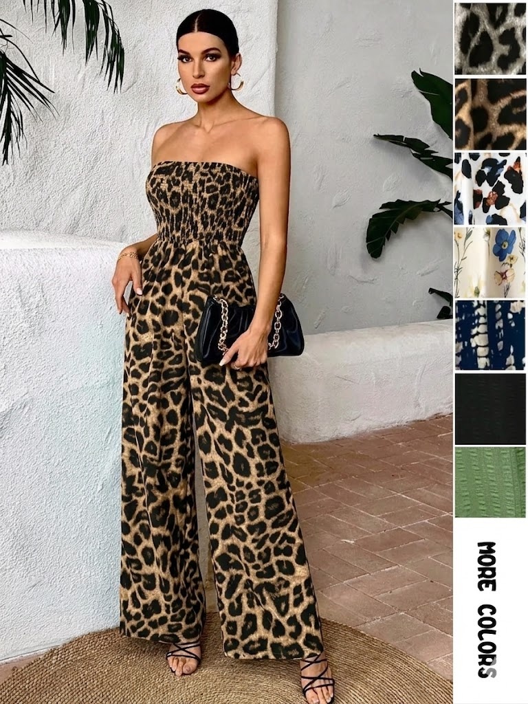 Women's Leopard Print Shirred Wide Leg Jumpsuit