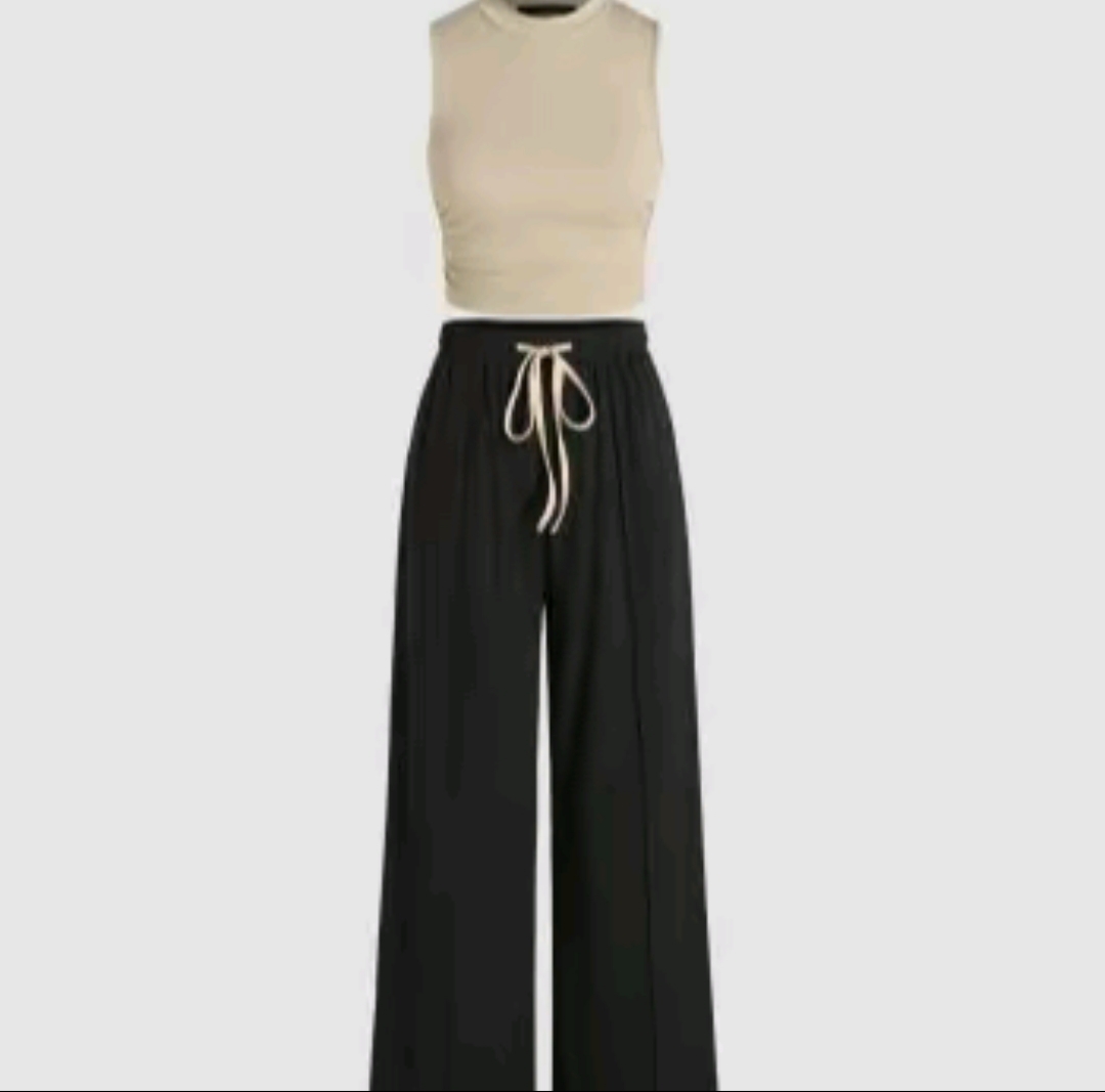 kendall same style Women's 2-Piece Ruched Tank Top and Elastic Waist Tie Trousers Set – Casual Lounge Outfit, 6 Colors