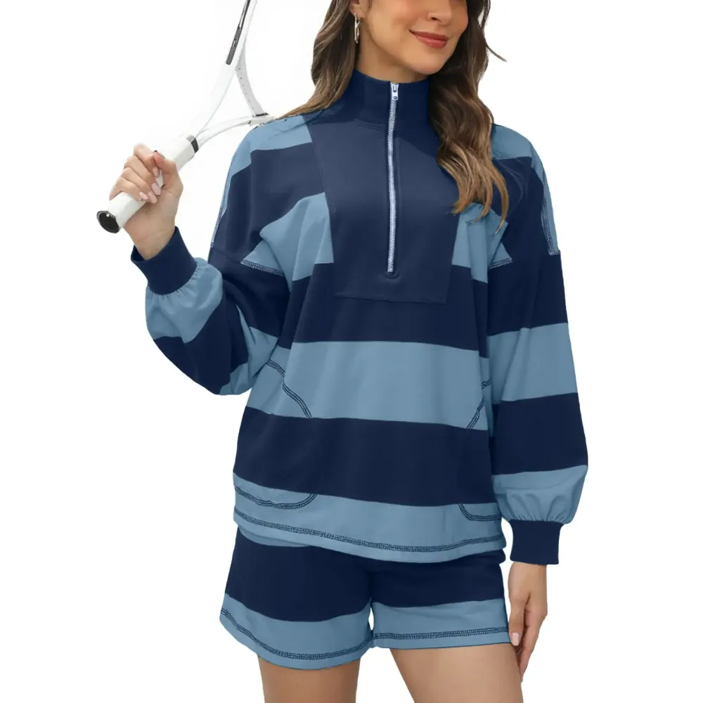 Women's Lounge Set 2 Piece Striped Long Sleeve Quarter Zip & Short Sleeve T Shirt