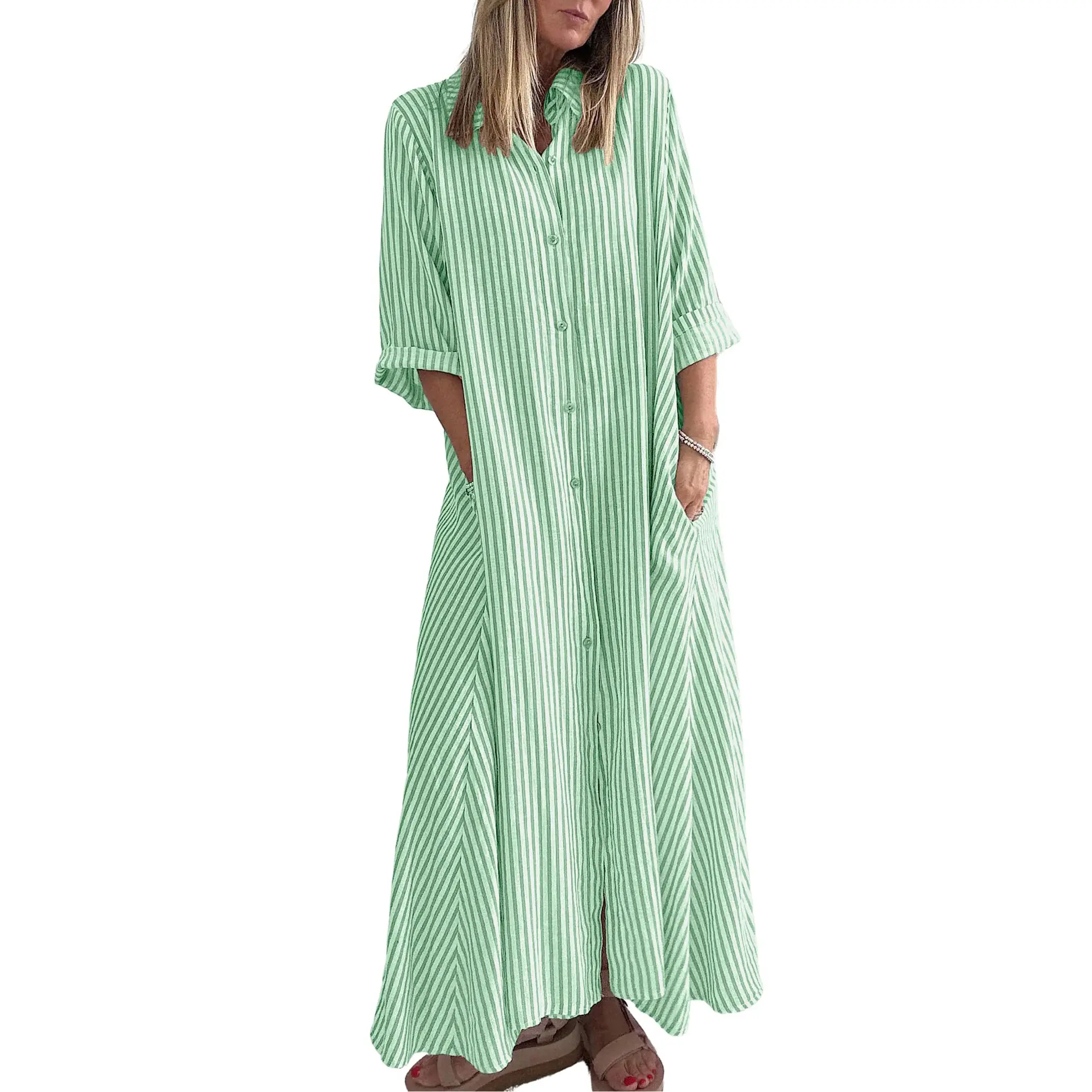 Chouyatou Women's Summer Long Shirt Dress Bohemian Style Striped Dress Casual Button-Down Three-Quarter Sleeve Maxi Dress with Pockets
