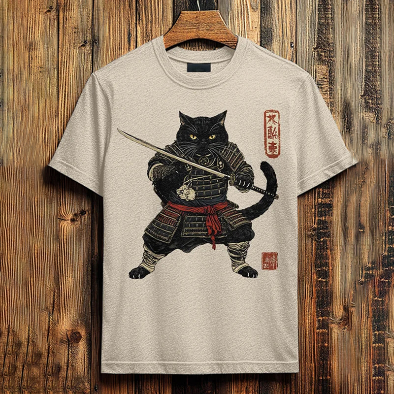 Men's Brave Cat Warrior Japanese Art Print Cotton Casual T-shirt