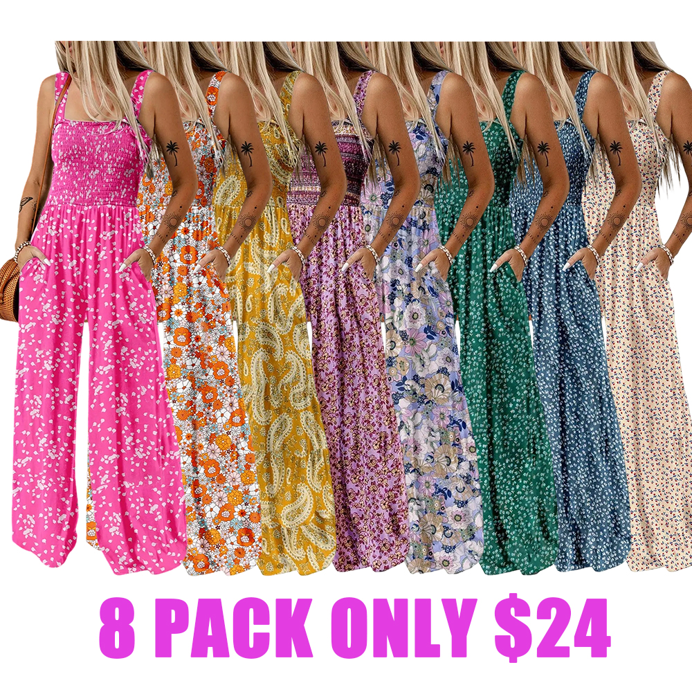 Women's Casual Loose Overalls Jumpsuits One Piece Sleeveless Printed Wide Leg Long Pant Rompers