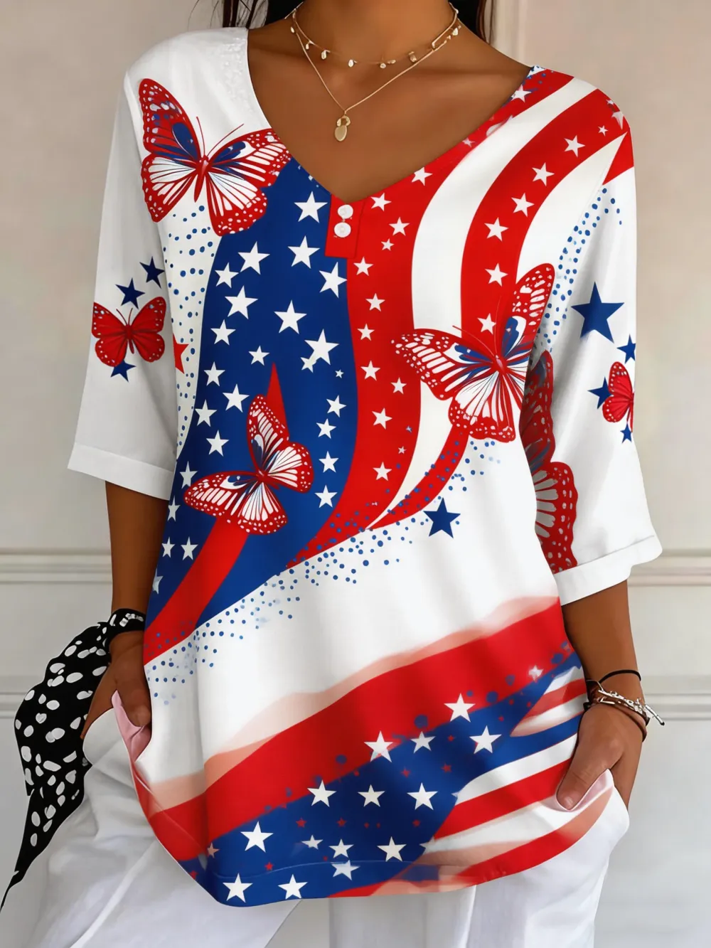 Women's Striped Butterfly Flag Print T-Shirt