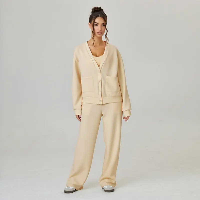 Women's Slouchy Solid Color V Neck Long Sleeve Button Cardigan & Drawstring Waist Trousers Co-ord