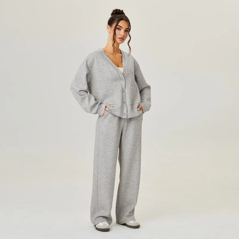 Women's Slouchy Solid Color V Neck Long Sleeve Button Cardigan & Drawstring Waist Trousers Co-ord