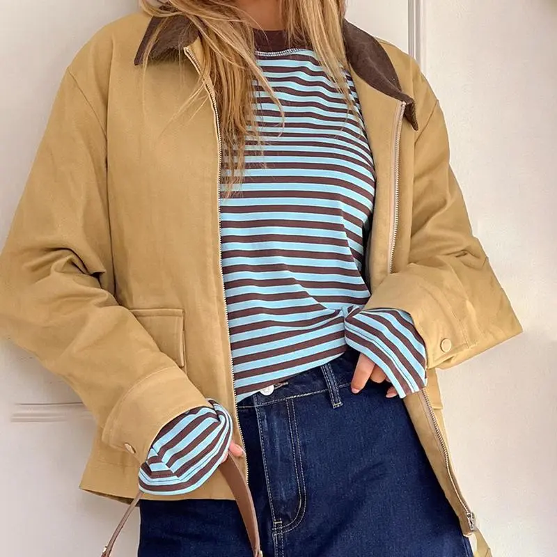 Women Long Sleeve Crew Neck Loose Striped T Shirt