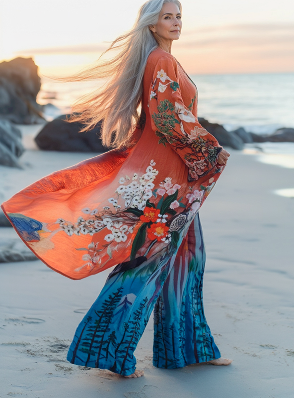 Vacation seaside elegant embroidery kimono + pant two piece set c4e8