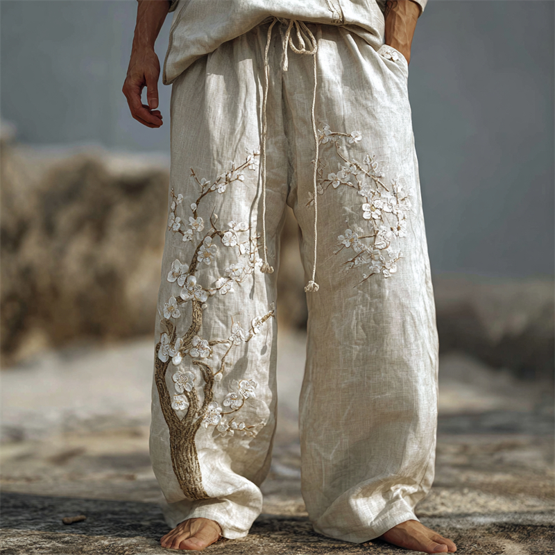 Men's White Almond Blossom Embroidered Flowy Wide Leg Linen Pants