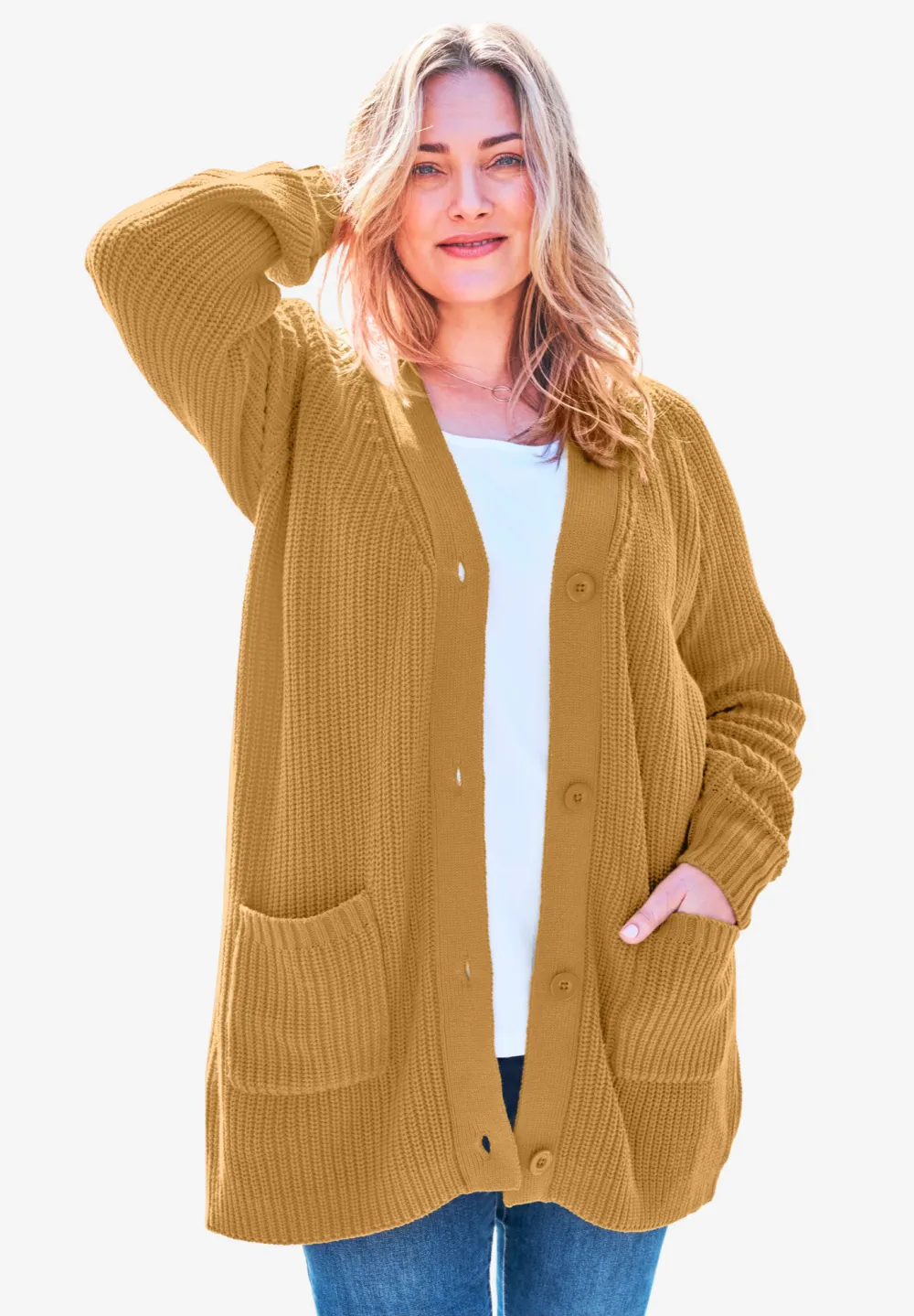 Button-Front Shaker Cardigan