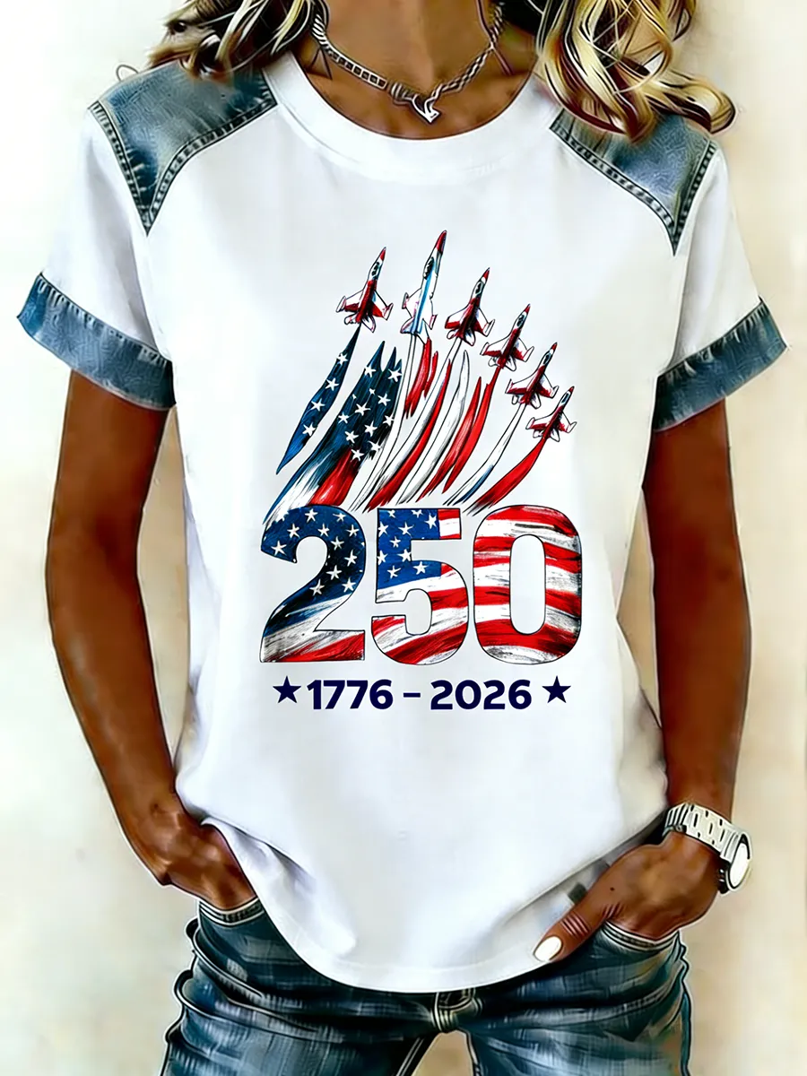 Patriotic USA Flyover 250 Years Denim Raglan Short Sleeve Tee