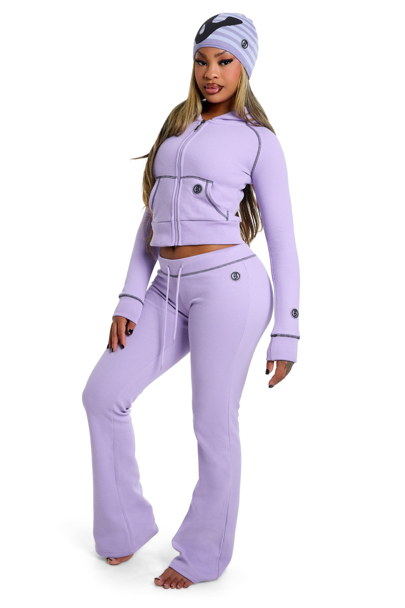 WAFFLE KNIT BOOT CUT PANTS (LAVENDER/BLACK)