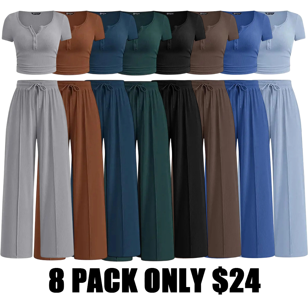 Women's 2-Piece Outfits Summer Ribbed Knit Button Short Sleeve Crop Slim Fit Tops & Wide Leg Pants Lounge Sets