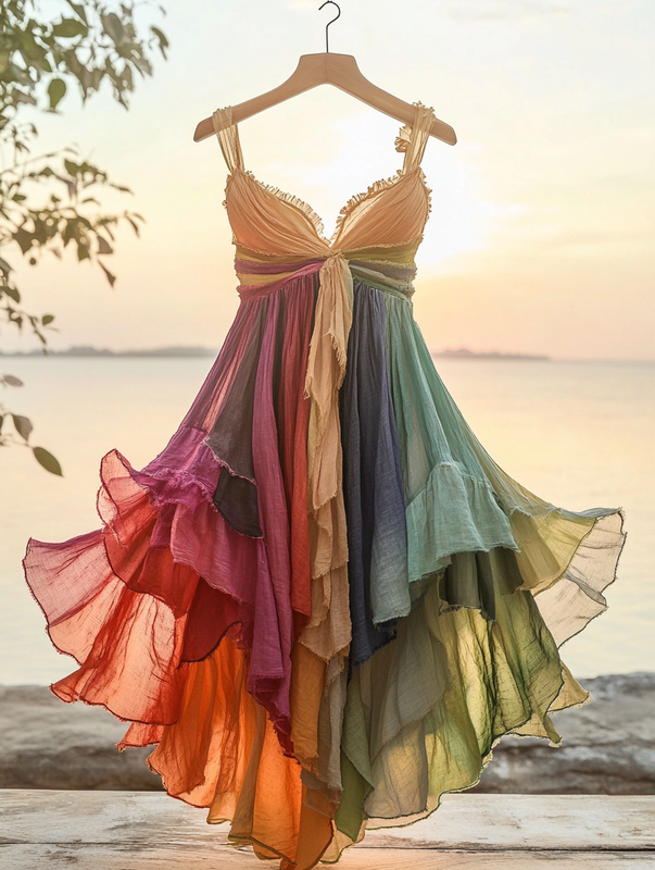 Asymmetrical dress with ruffles for vacation or daily wear d59d