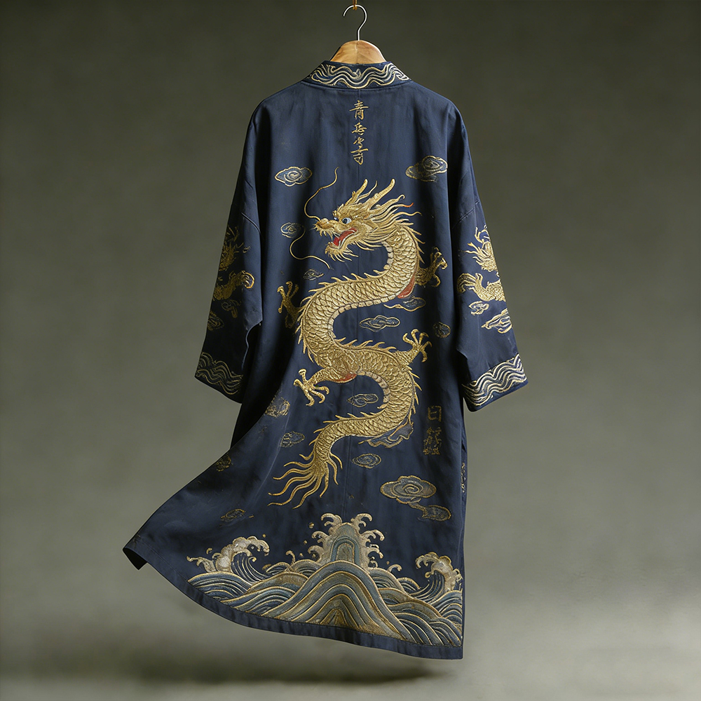 Antique Dragon Totem Embroidery In Dark Blue Kimono