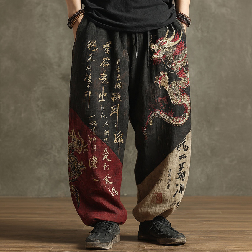 Men's Retro Dragon And Calligraphy Print Linen Casual Pants