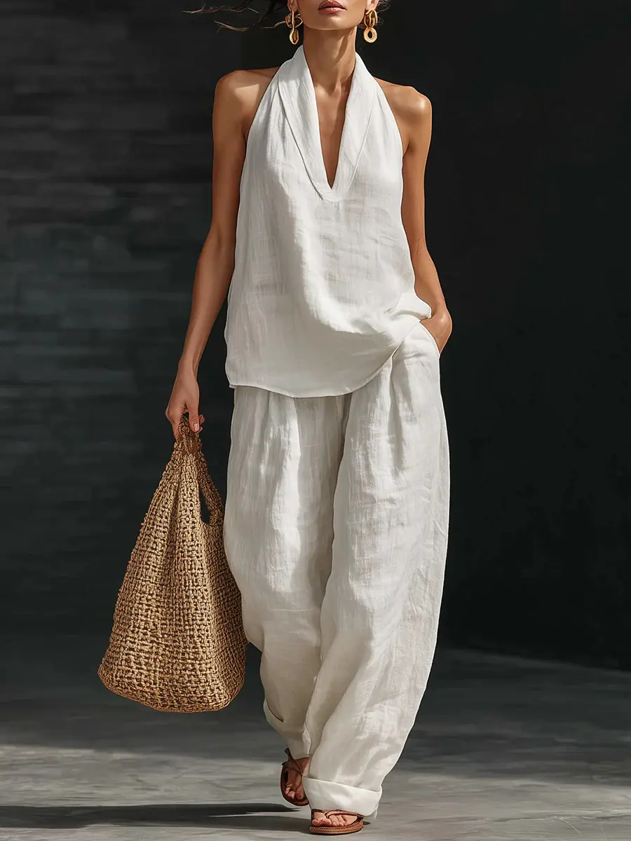 Boho Linen Two Piece Set - Perfect for Beach, Vacation & Brunch! Halter Neck Sleeveless Top Wide Leg Pants Set