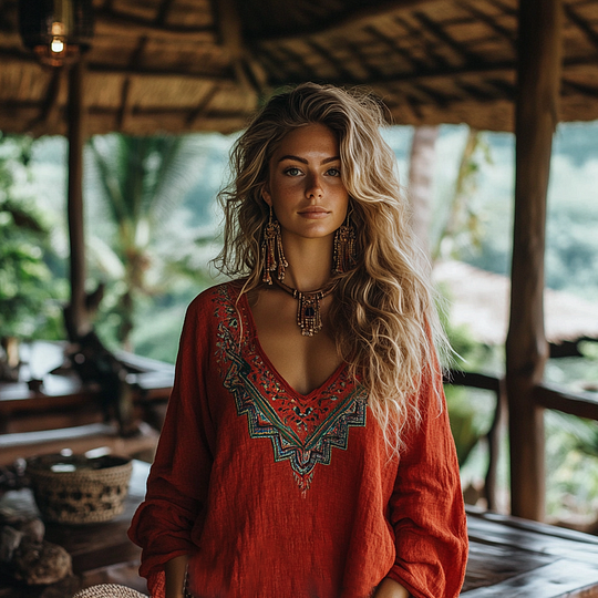 Retro Boho Tribal Art Embroidery Print Cotton And Linen V-neck Loose Shirt b5a4