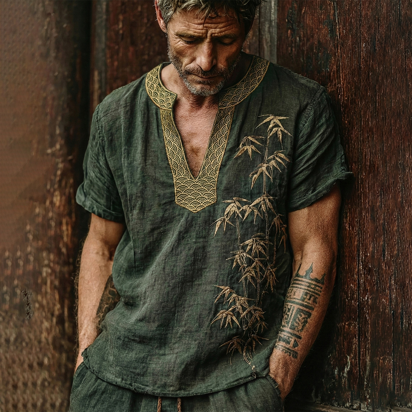 Men's Japanese Bamboo Waves Art Cozy Linen V Neck Shirt