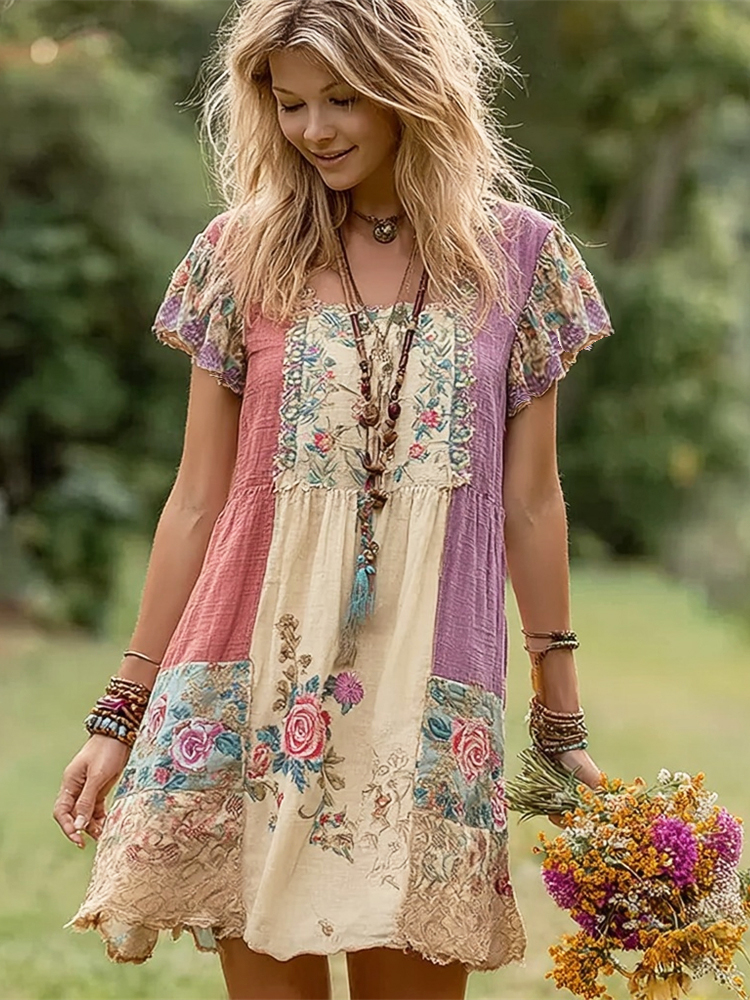 Boho Floral Patchwork Art Women's Linen Short Sleeve Mini Dress