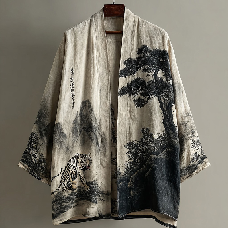 Retro Landscape Art And Tiger Pattern Casual Kimono Cardigan