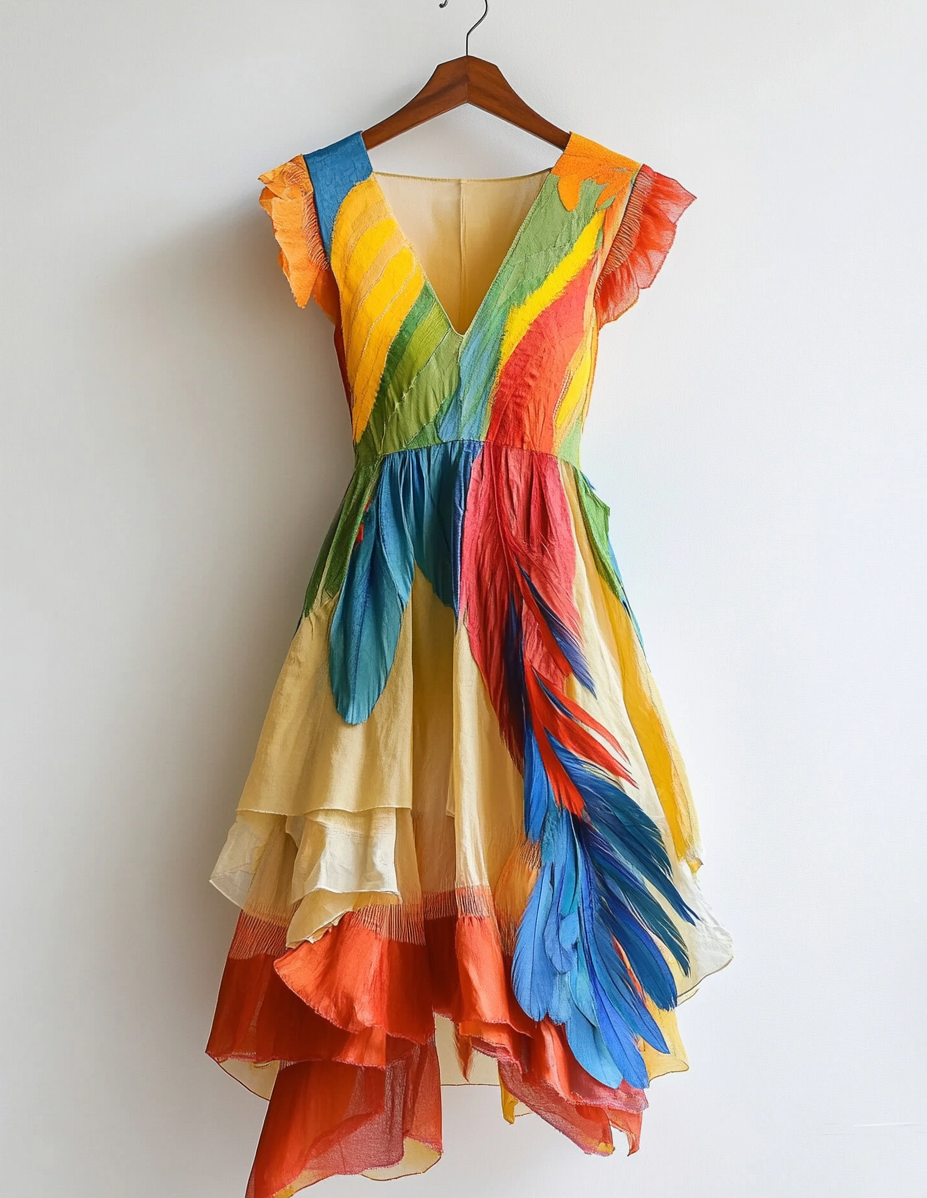 Vintage Summer Rainbow Parrot Feather Embroidered Dress ef8d