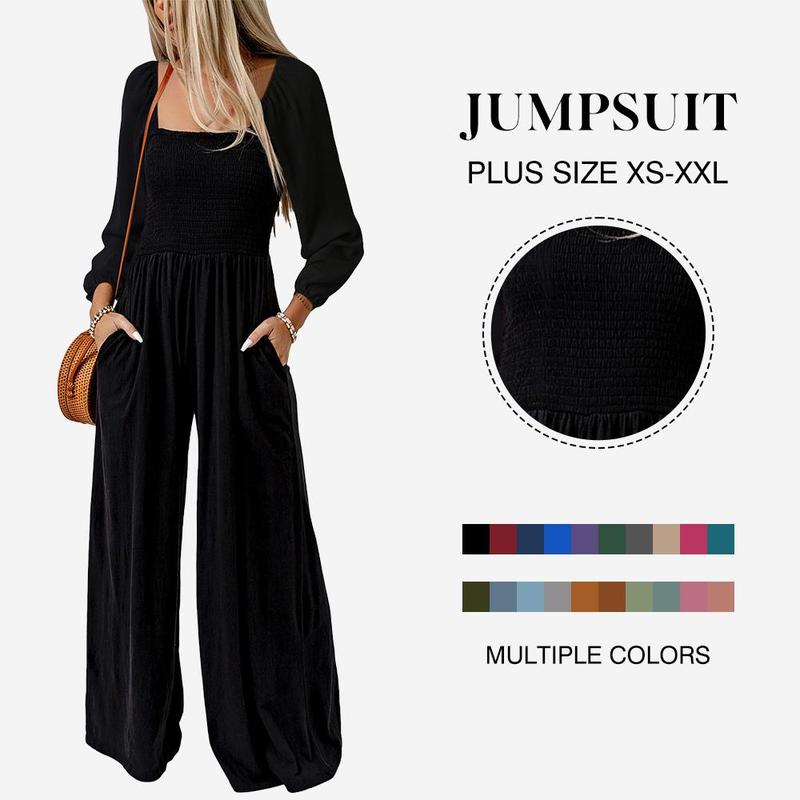 Women's Casual Loose Overalls Jumpsuits One Piece Long Sleeve Wide Leg Long Pant Rompers With Pockets