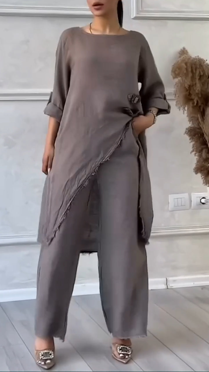 Women's Round Neck Irregular Cotton and Linen Casual Suit