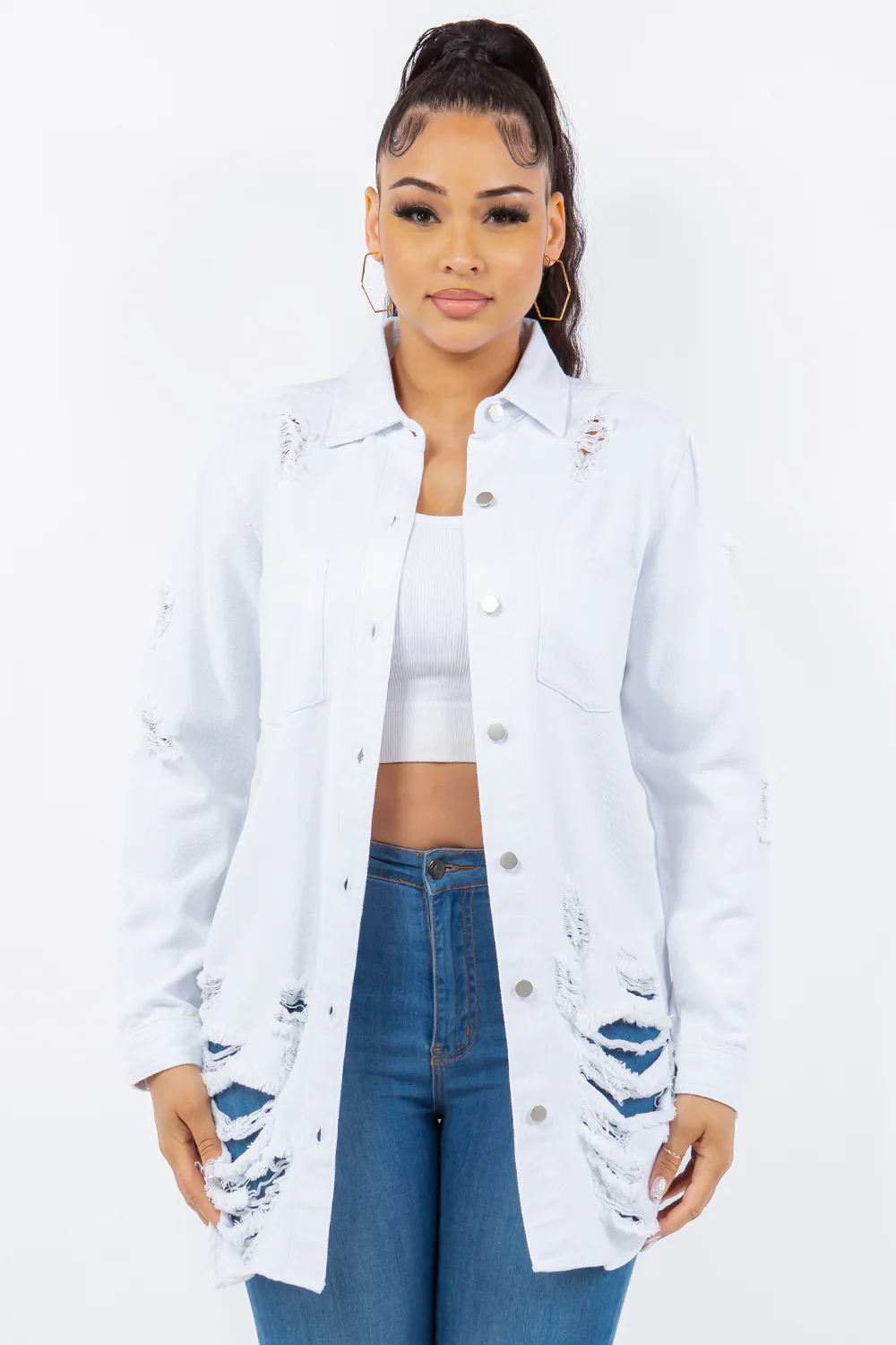 Distressed Button Up Long Sleeve Denim Jacket