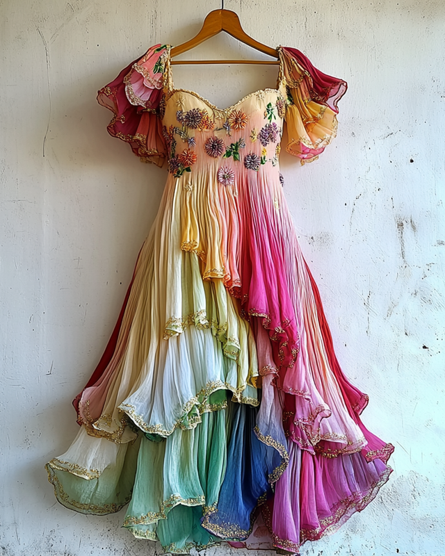 Gilded Ruffled Daisy Embroidery Gradient Irregular Dress e786