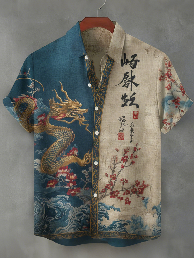 Men's Japanese Wave And Dragon Art Linen Shirt