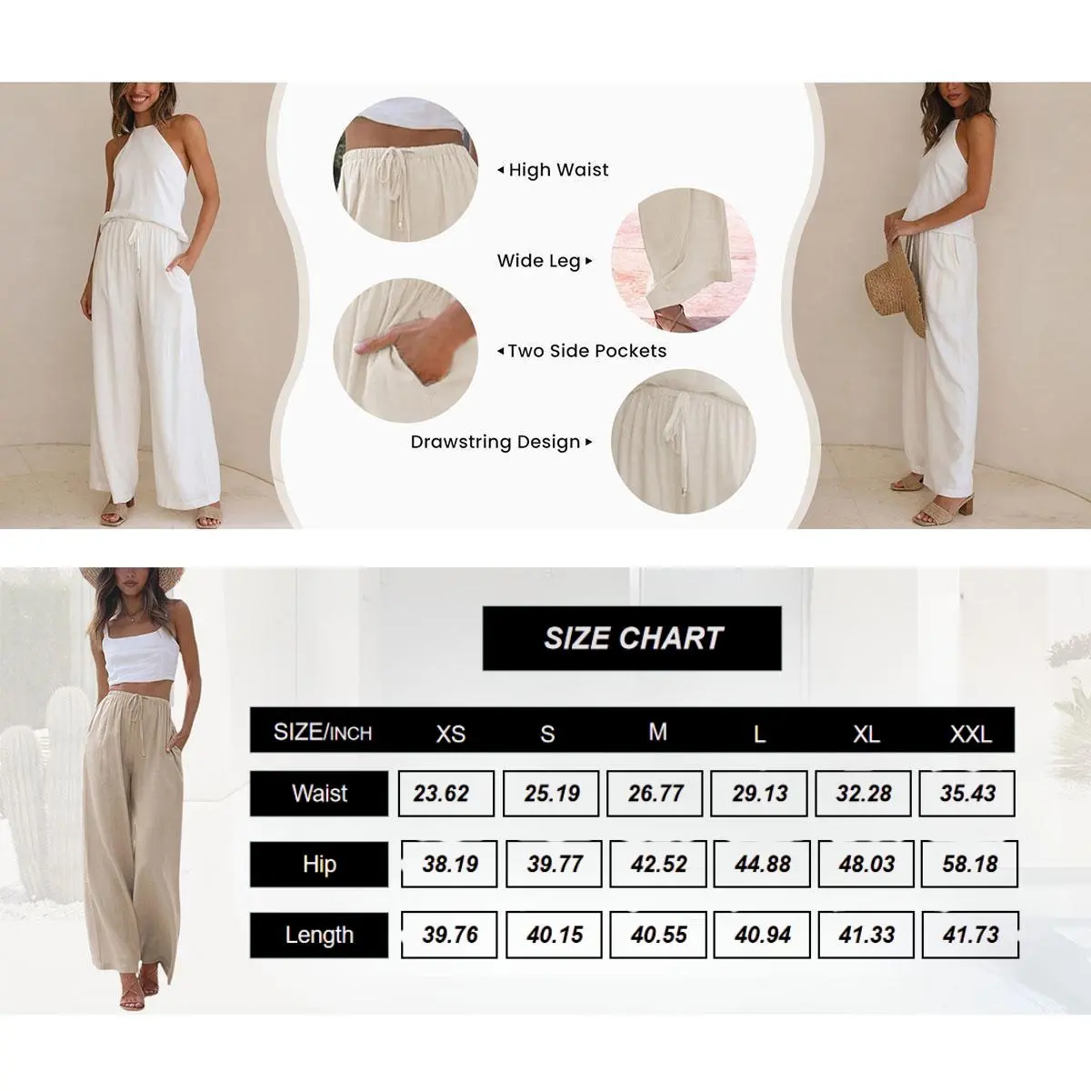 Women's Cotton Linen Summer Palazzo Pants Flowy Wide Leg Beach Trousers with Pockets Casual Womenswear