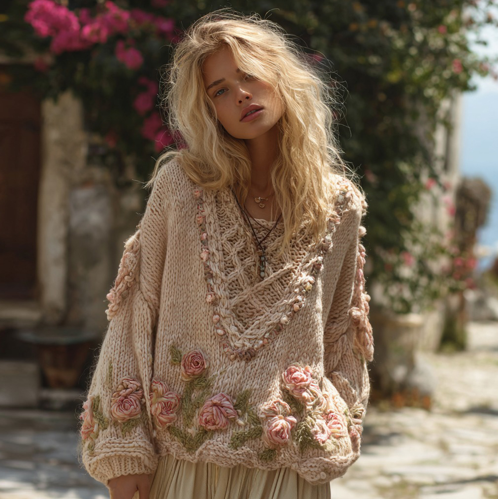 Women's Boho Rose Chunky Knit Crew Neck Aran Sweater