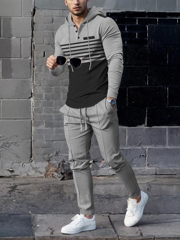 Men’s Hooded Striped Sweatshirt & Waffle Knit Pants Set