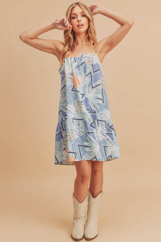 Printed Ruffled Hem Square Neck Mini Cami Dress