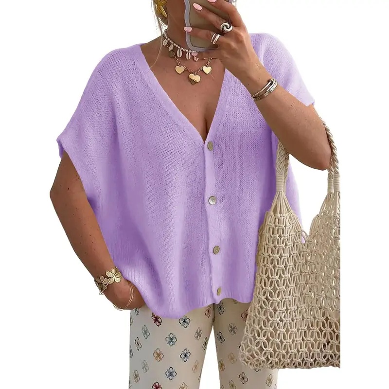 Womens Fall Oversized Cardigans Batwing Short Sleeve Lightweight Button V Neck Casual Knit Sweater Tops