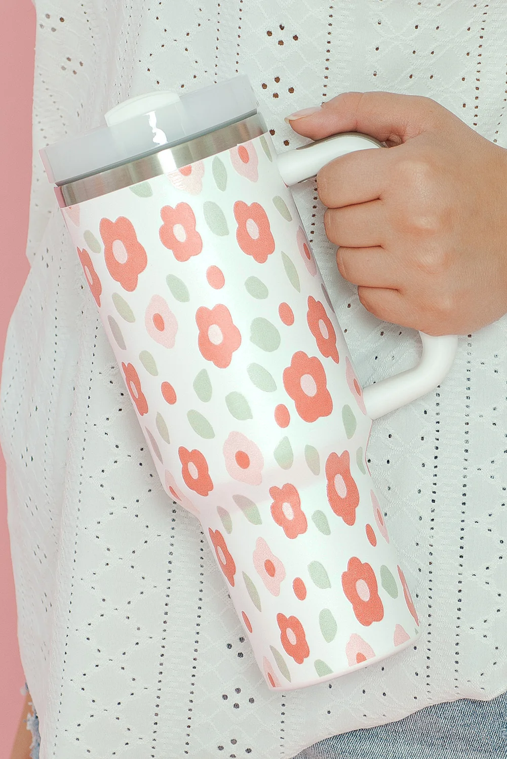 White Floral Leaves Print Stainless Large Portable Cup 40oz