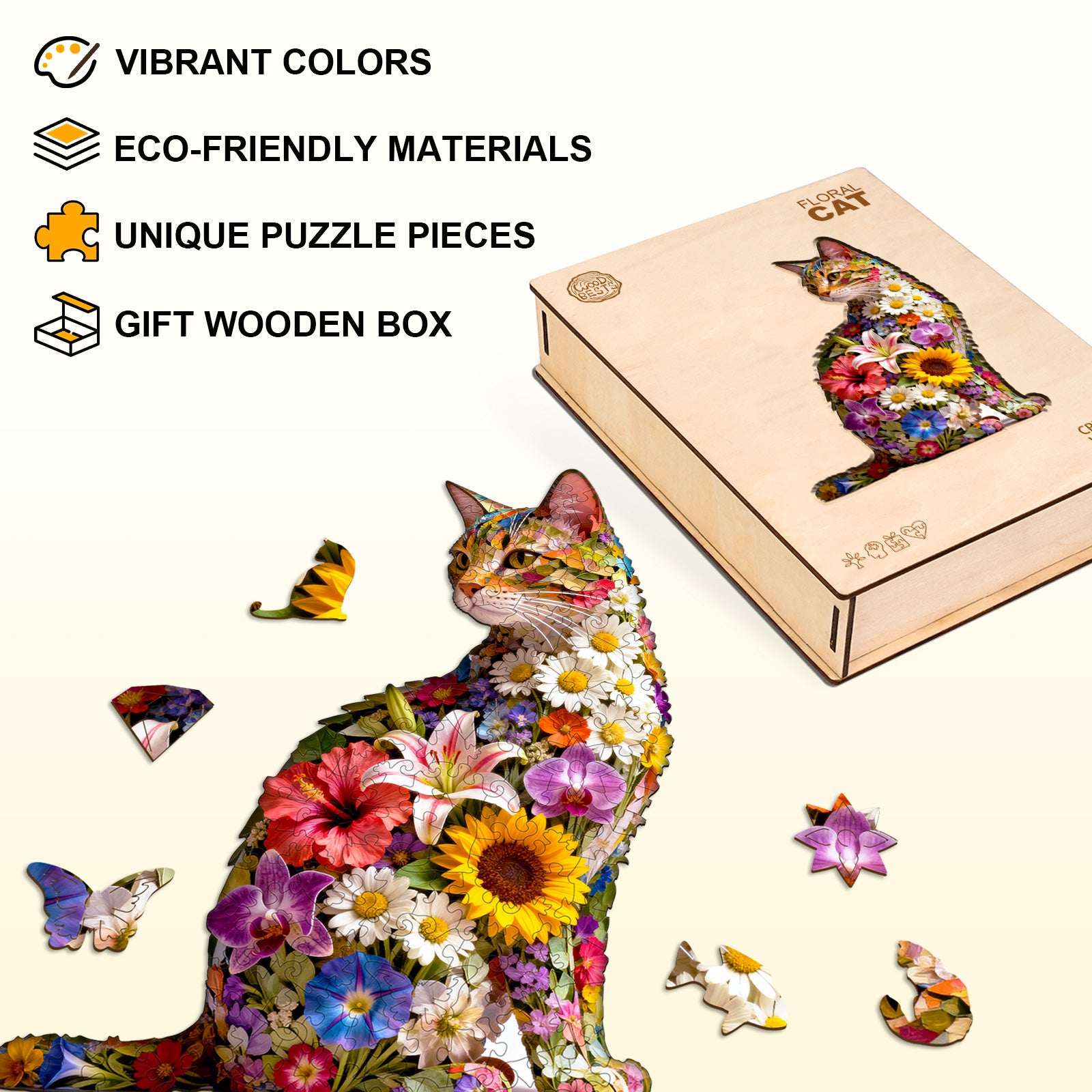 Floral cat Wooden Jigsaw Puzzle