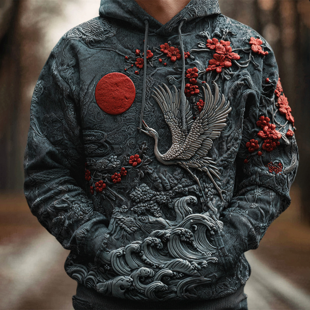 Japanese Flower & Crane 3d Art Men's Hooded Sweatshirt