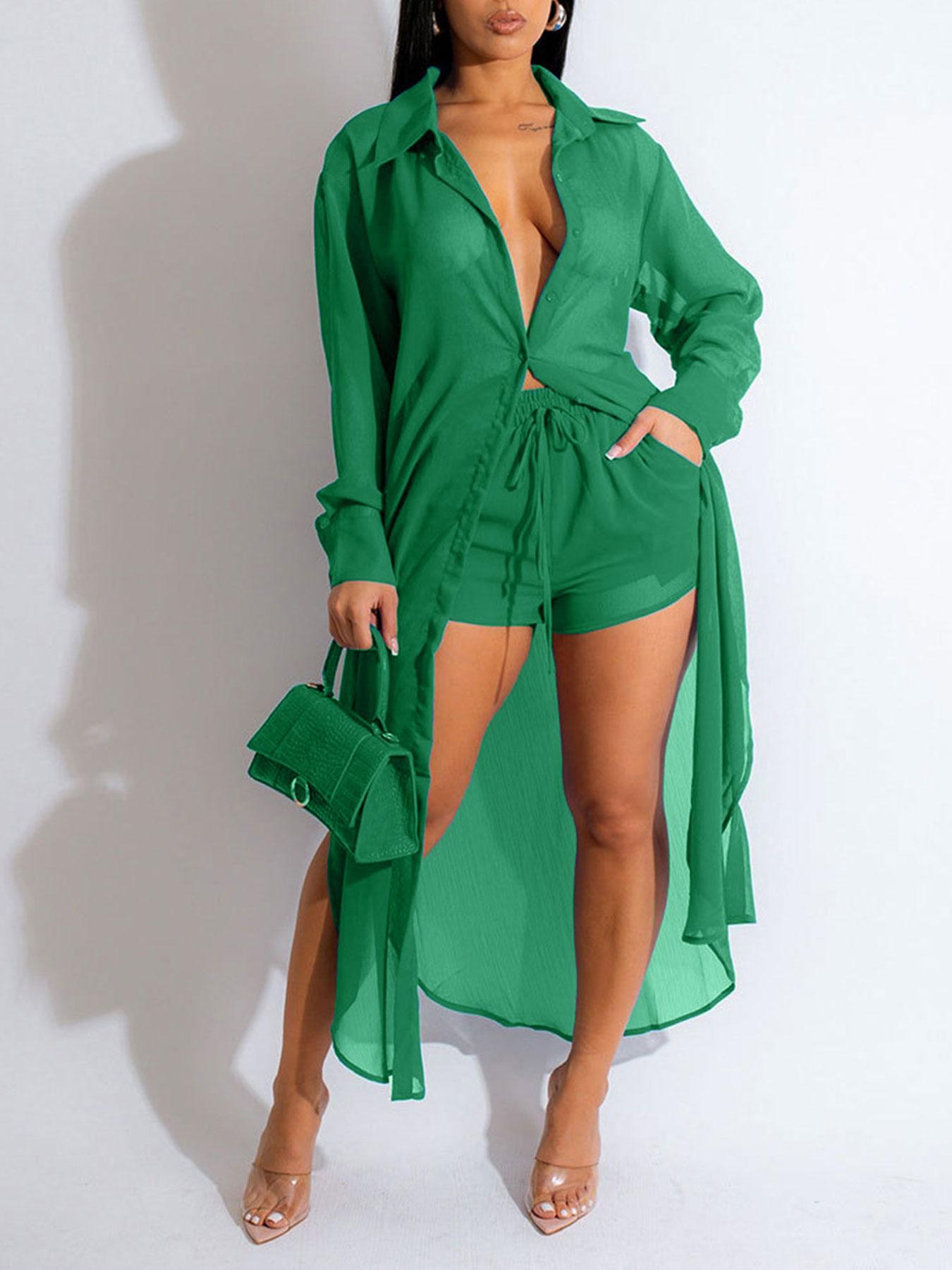 Women’s Solid Button Front Shirt & Shorts Two-Piece Set