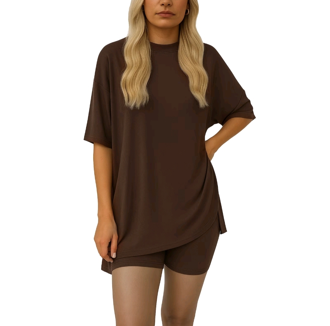 Women's Casual Wear, Summer, 2-Piece Suit, Pajamas, Casual Loose, Short-SleevedShorts, Airport Travel Wear, Hem Slits, HomeWear