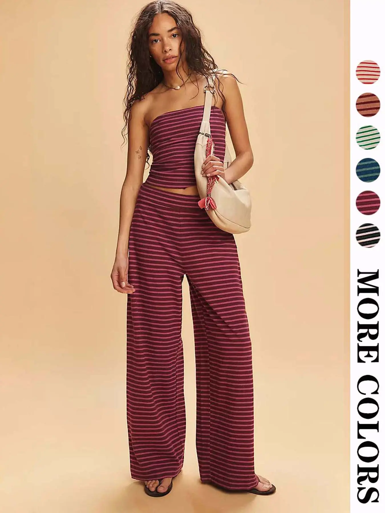Women's Striped Print Crop Tube Top & Wide Leg Pants Set