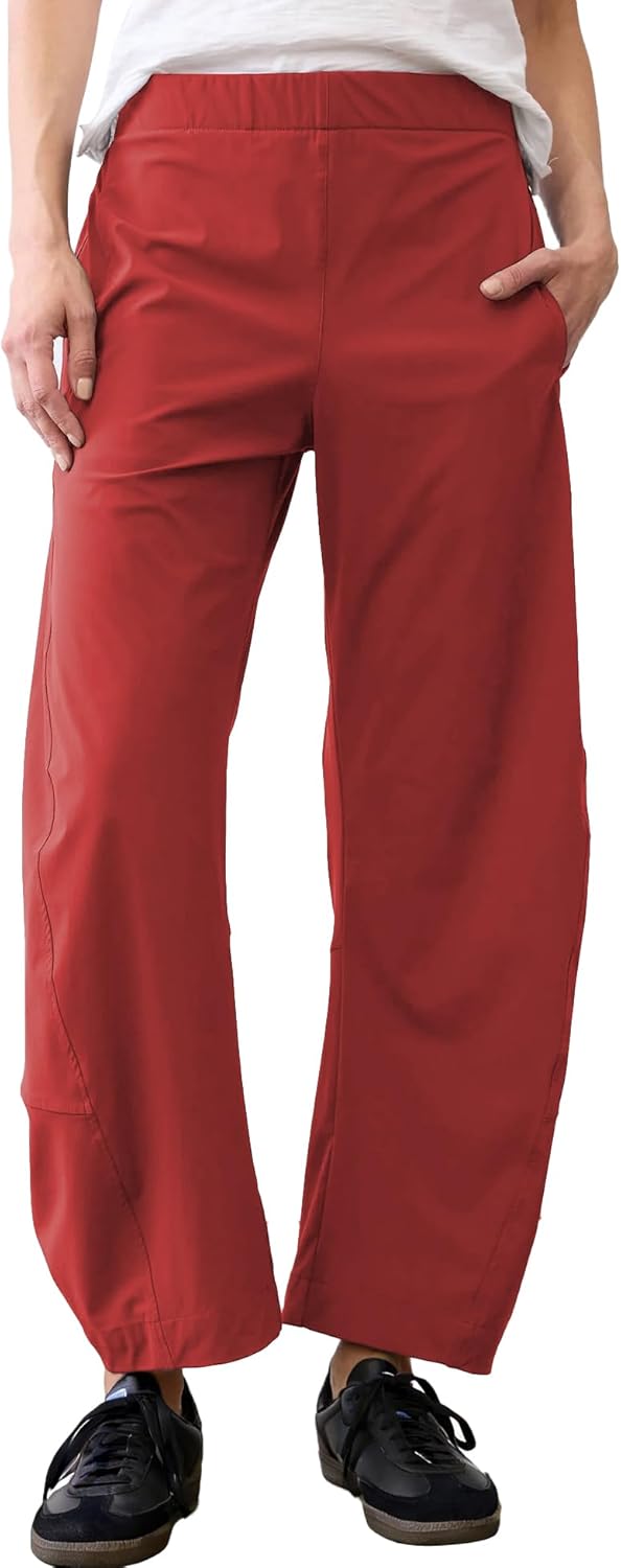 Women Barrel Travel Pants Elastic Waistband Tapered Leg Baggy Mid Rise Work Trousers Lounge Pant with Pockets