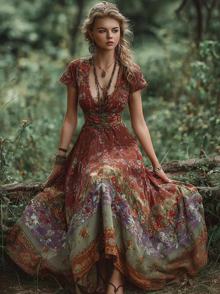Bohemian Style Retro Floral Pattern Women's V-neck Dress