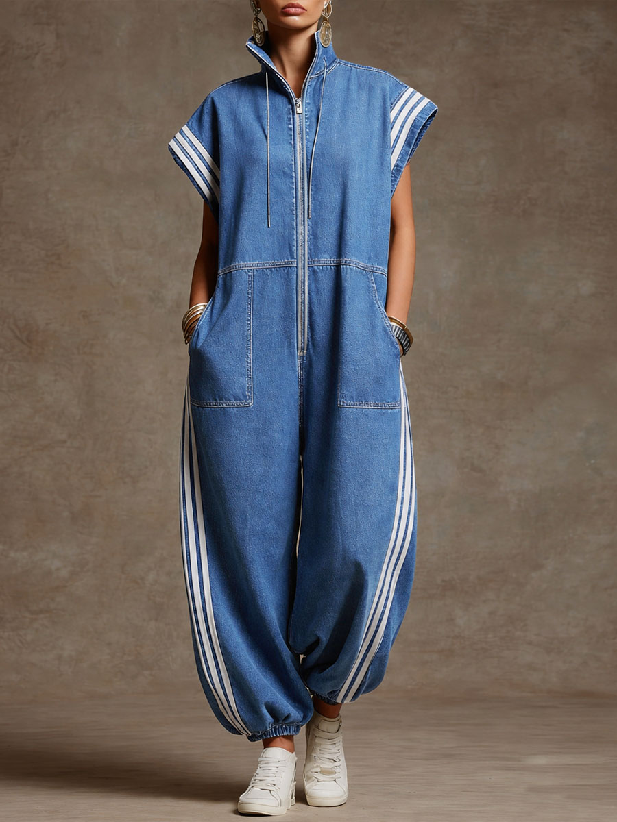 Women's Stand-collar Short-sleeved Casual Loose Denim Wide-leg Jumpsuit