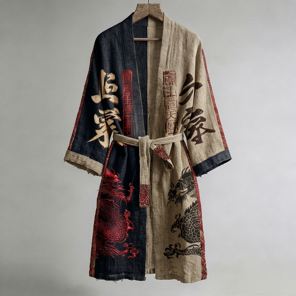 Japanese Calligraphy And Dragon Art Combined In A Linen Blend Kimono
